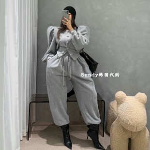 短款 甜美泡泡袖 外套 高腰休闲裤 直邮韩国代购 套装 25冬新INS博主