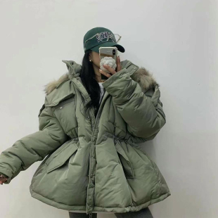 Sundy韩国东大门代购 超大真毛领收腰加厚保暖羽绒服外套 ins网红