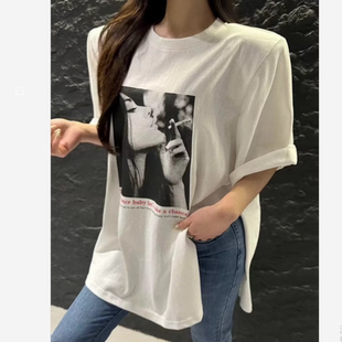 甜酷圆领开叉宽松印花短袖 韩国正品 时尚 25春ins博主 T恤女 代购