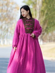 念旧原创 复古纯亚麻加新雪丽宽松袍子拼接加厚连衣裙女 1209G