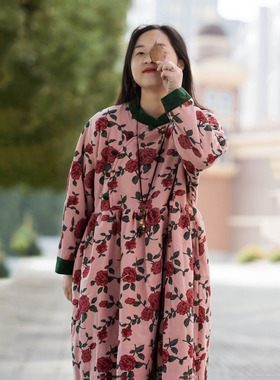 念旧原创/1121C 文艺纯棉磨毛印花加绒宽松袍子女加厚保暖连衣裙