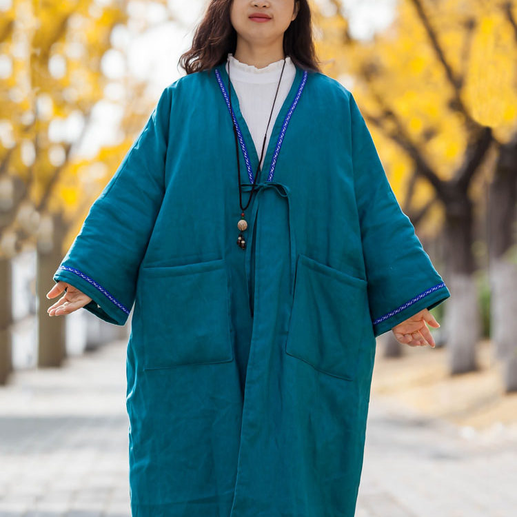 念旧原创/1212D 复古纯亚麻夹棉外套女纯色开衫厚棉服