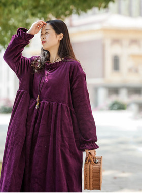 念旧原创/1115A 复古纯棉灯芯绒加绒宽松袍子女纯色显瘦连衣裙