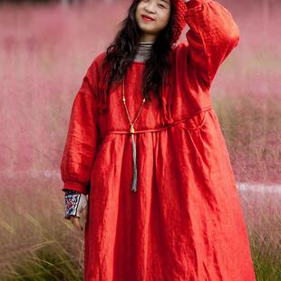 念旧原创/1029E 复古纯汗麻宽松加新雪丽棉袍女纯色加厚连衣裙