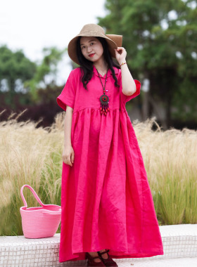 念旧原创/0531A文艺纯亚麻翻领宽松袍子女纯色气质优雅腰带连衣裙