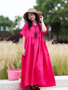 念旧原创 0531A文艺纯亚麻翻领宽松袍子女纯色气质优雅腰带连衣裙