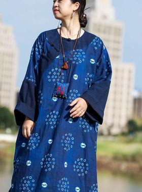 念旧原创/0918B 复古纯棉老土布拼接宽松袍子女显瘦撞色连衣裙