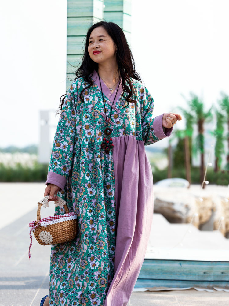 念旧原创/1003D 复古磨毛拼接加衬宽松袍子女长款撞色双层连衣裙