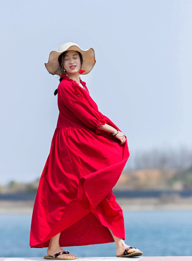 念旧原创/ 夏复古提花棉木耳边长款连衣裙宽松V领喇叭袖袍子