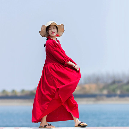 念旧原创/ 夏复古提花棉木耳边长款连衣裙宽松V领喇叭袖袍子