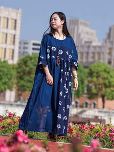 念旧原创 复古纯棉蜡染拼接宽松袍子女撞色古朴连衣裙 0420D