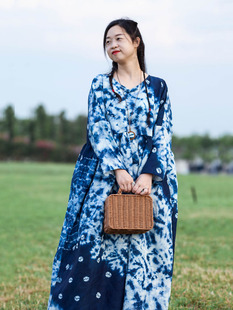 渐变连衣裙 复古秋新手工扎染宽松袍子女长袖 念旧原创 0818C