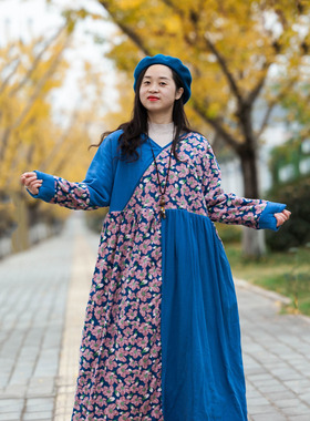 念旧原创/1208D 复古棉麻印花拼接宽松袍子女保暖连衣裙