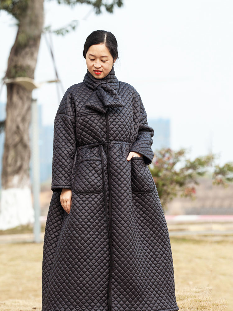 念旧原创/1212G 冬菱形格纹夹棉长款开衫外套女宽松系带厚棉袍