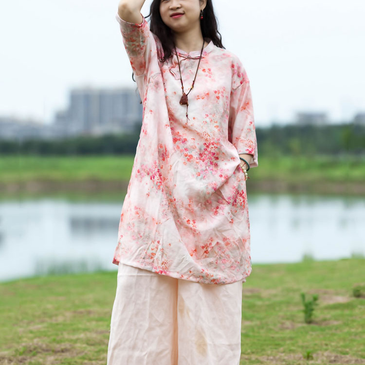 念旧原创/樱霞 文艺天丝麻印花中长衣服加苎麻裤子两件套