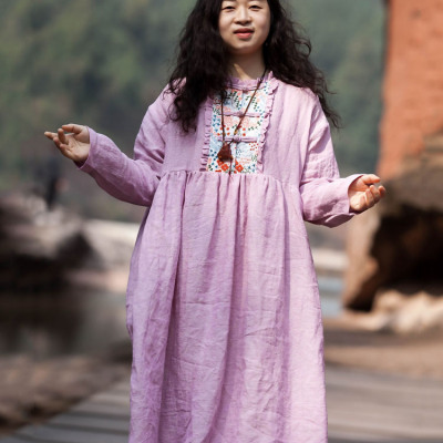 念旧原创/花招 文艺色织亚麻拼接刺绣宽松袍子女旅行风精致连衣裙
