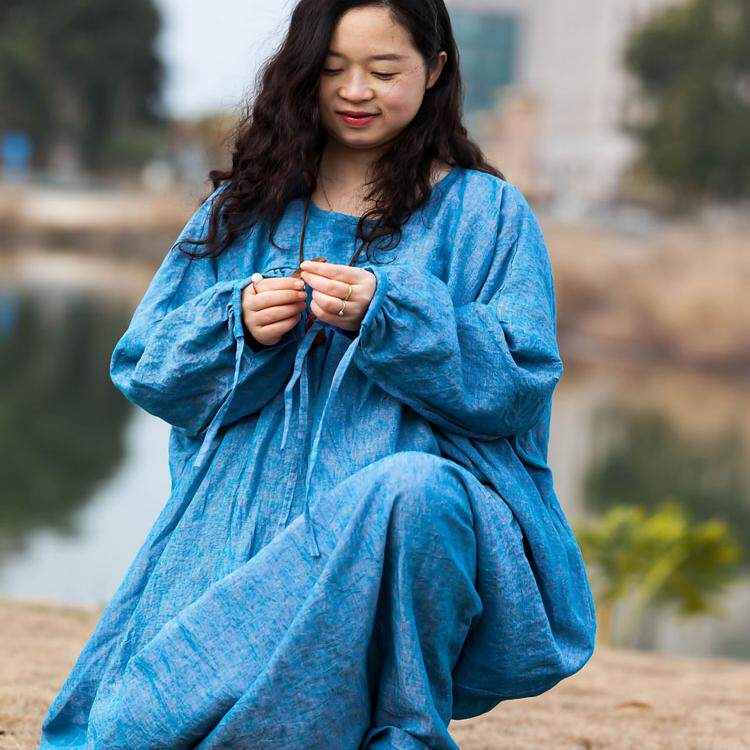 念旧原创/蓝婉 文艺纯亚麻花纱宽松高抹胸袍子女纯色旅行风连衣裙