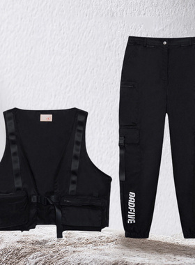 中国李宁男女新秋款棉质大口袋休闲运动宽松套装马甲长裤 AWBR004