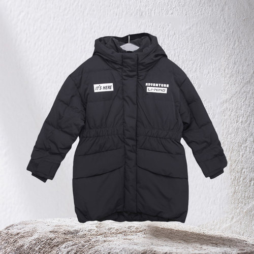 李宁女童中长羽绒服冬白鸭绒加厚保暖连帽长羽绒外套YYMR016