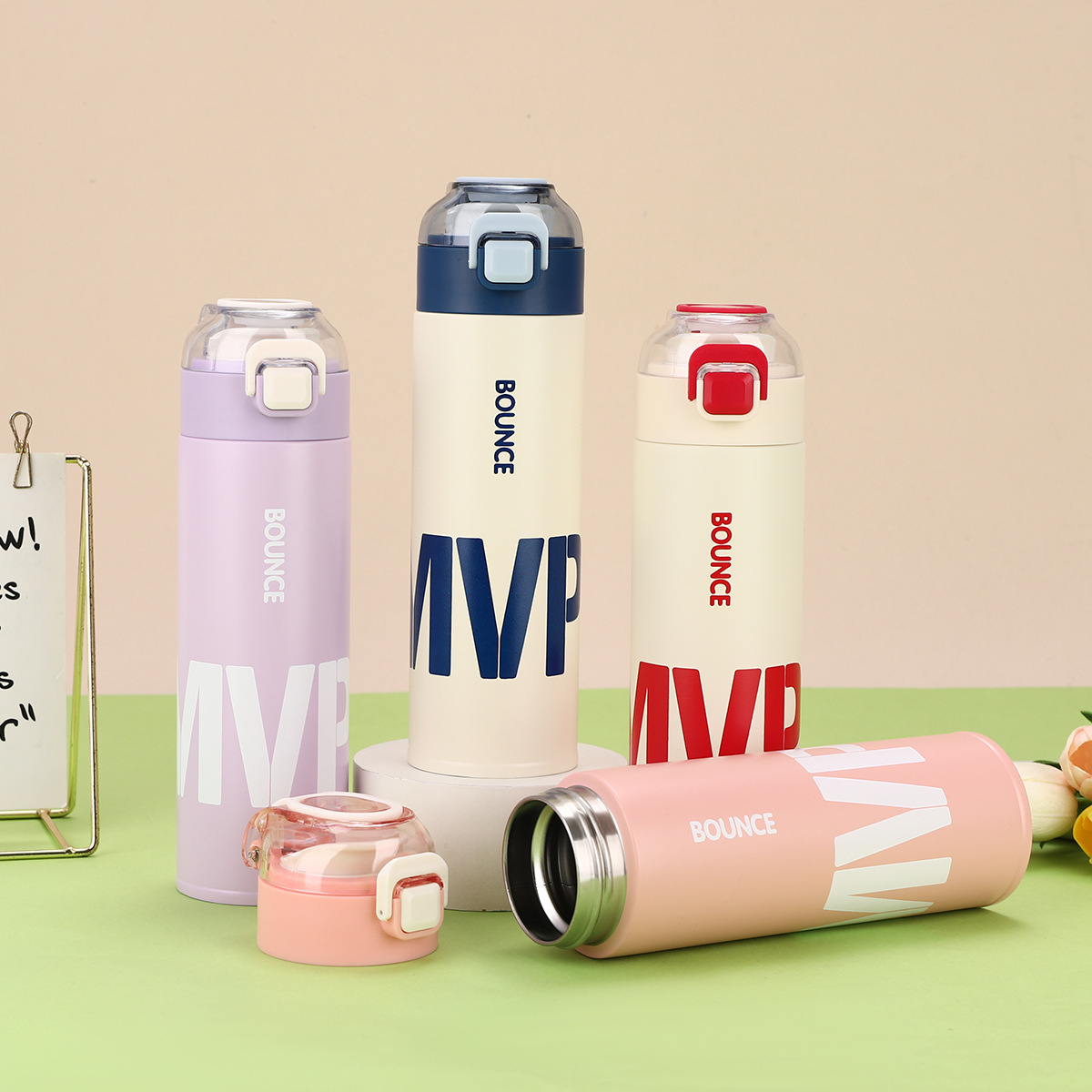 简约字母手提弹跳杯316不锈钢真空大容量保温杯户外便携手提杯