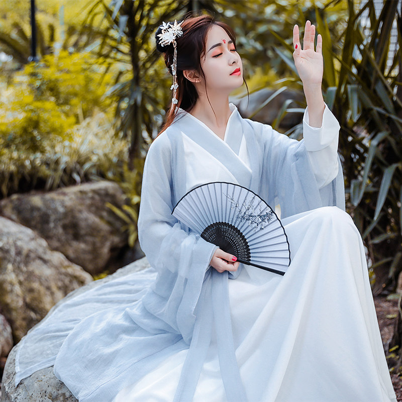 魏晋风齐腰汉服女正品原创中国风古装仙女飘逸蓝色系交领襦裙超仙