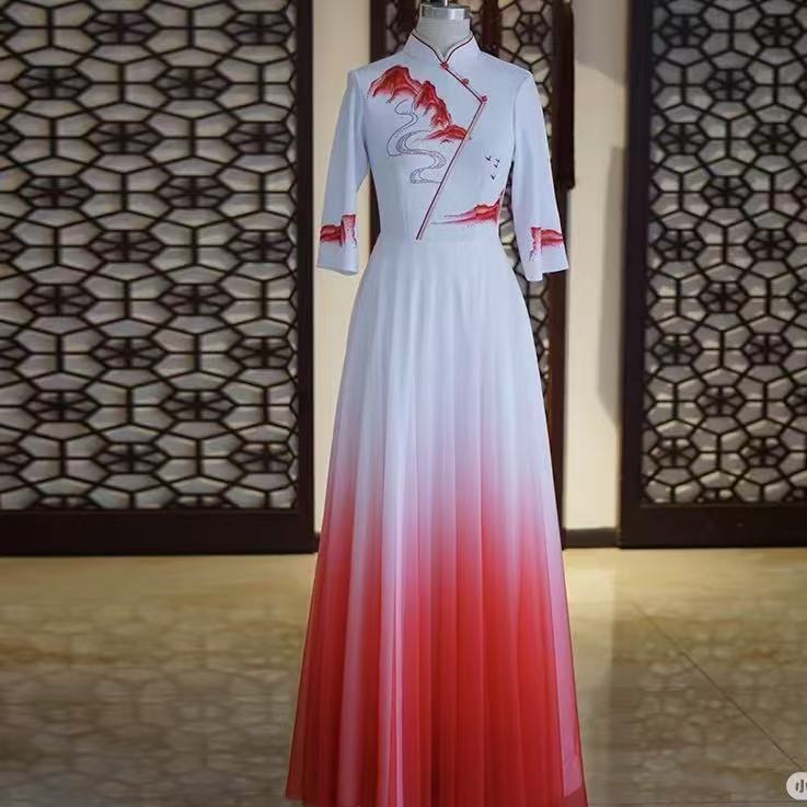 红歌比赛服装大合唱团演出服女长裙红色新款朗诵指挥主持人晚礼服