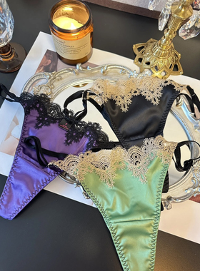 性感黑色缎面内裤裤水溶边闪光色丁性感女三角裤丁字裤复古款T裤