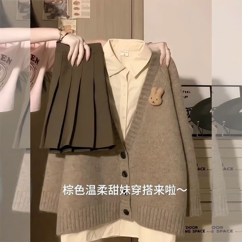 三件套装秋冬复古慵懒风针织毛衣开衫女学生叠穿百搭衬衫女百褶裙,女装/女士精品,时尚套装,淘宝优惠券,粉丝福利购,淘宝优惠卷