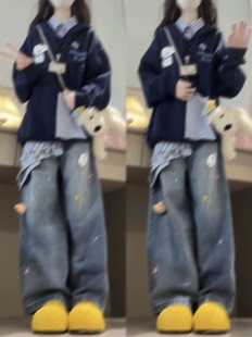 盐系学院风套装美式慵懒格纹假两件连帽卫衣方巾阔腿牛仔裤两件套