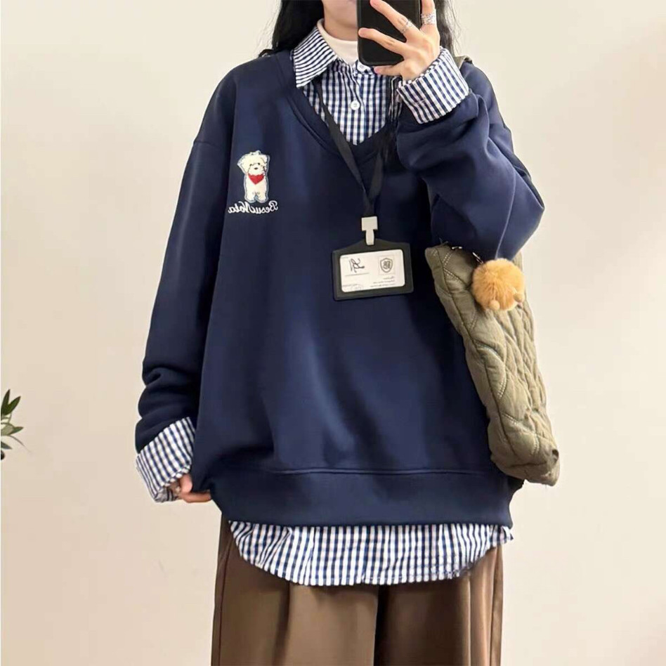 美式学院风小狗刺绣拼接衬衫领假两件卫衣宽松慵懒风情侣加绒外套