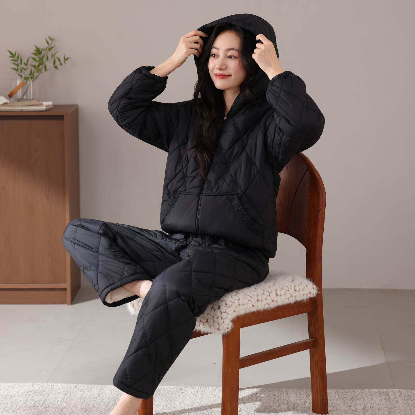 羽绒夹棉睡衣女秋冬款加厚加绒