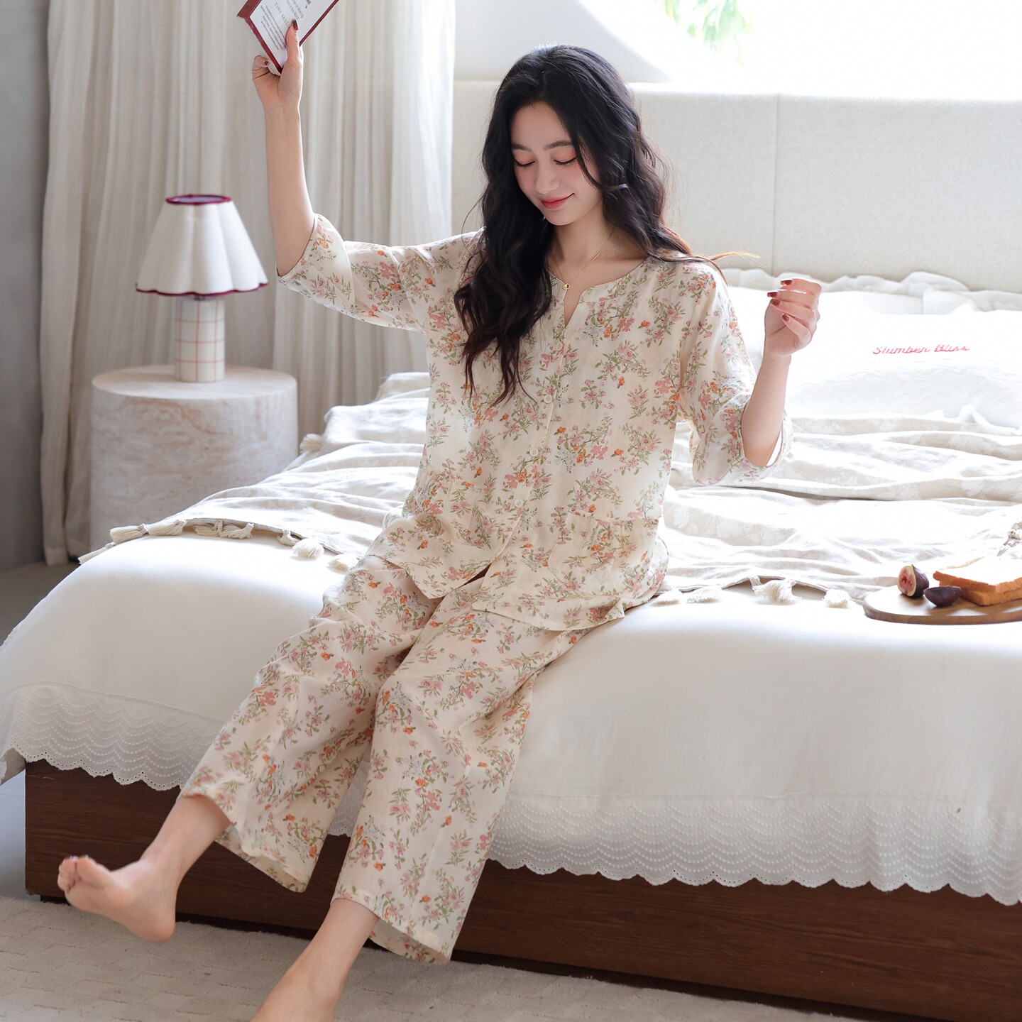 莱赛尔睡衣女春夏薄款印花七分袖长裤套装时尚甜美可外穿家居服