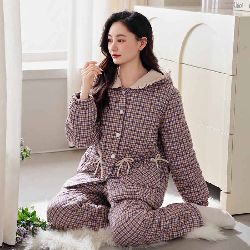 睡衣女冬季加厚加绒梭织纯棉夹棉袄冬天三层保暖家居服连帽套装