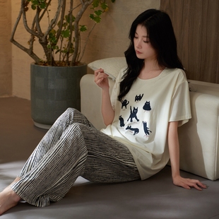 宽松夏季 套装 休闲时尚 家居服带胸垫 薄款 短袖 莫代尔睡衣女夏款 长裤