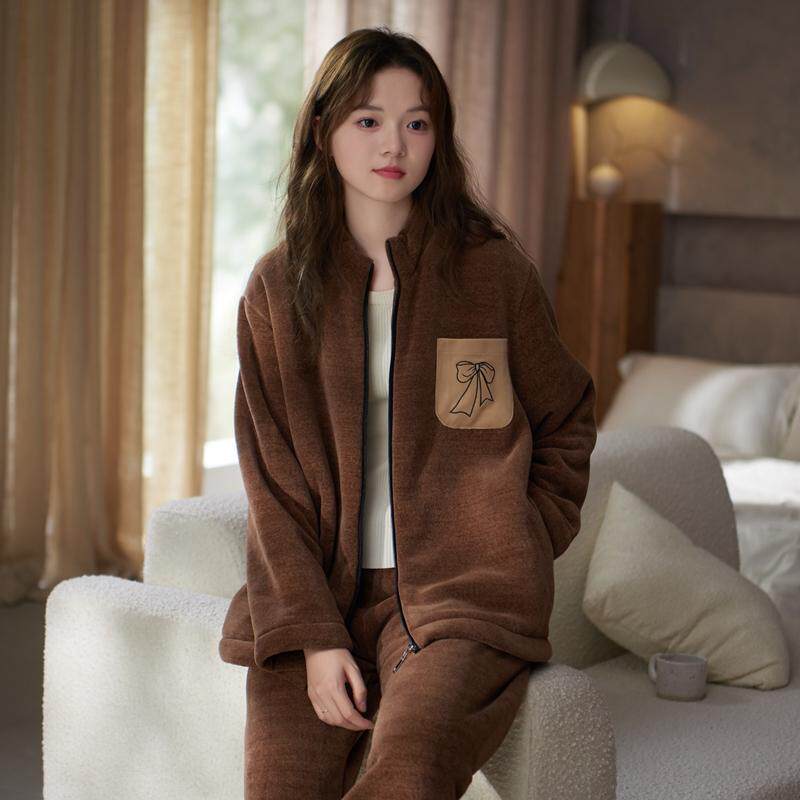 居家睡衣女秋冬季一体绒细绒珊瑚绒加绒加厚保暖可外穿家居服套装