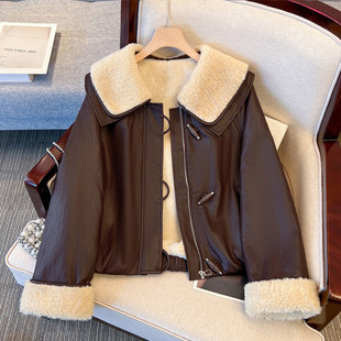 小香风羊羔毛娃娃大翻领pu皮衣外套女加绒加厚2025初冬装新款夹克