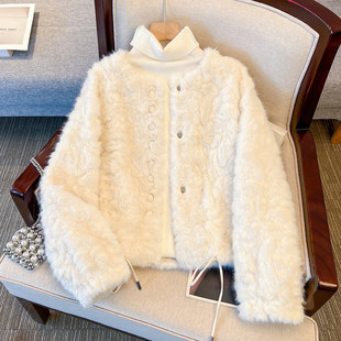 白色小香风羊羔绒皮毛一体加厚外套女2025秋冬装新款短款环保皮草