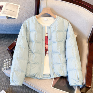 超火新国标90白鸭绒圆领方格面包羽绒服女短款2025冬装新保暖外套