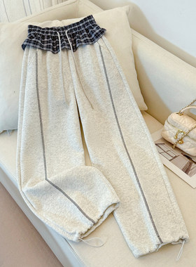 浅花灰色假两件格子屁帘休闲阔腿弯刀卫裤女2026春季新款直筒裤子