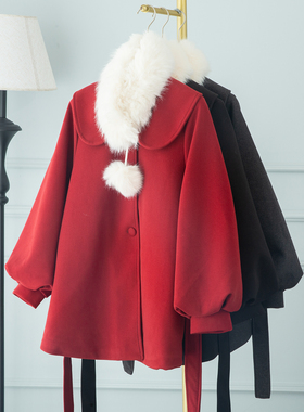 过年战袍娃娃毛领红色毛呢外套女2026新款冬装富家千金感收腰大衣