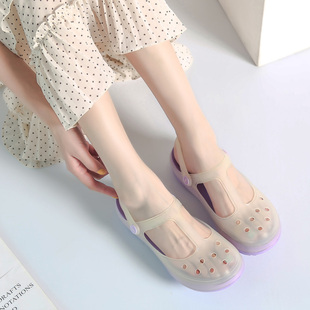 防滑凉拖外穿 厚底坡跟镂空沙滩拖鞋 包头洞洞鞋 女ins潮2020夏新款