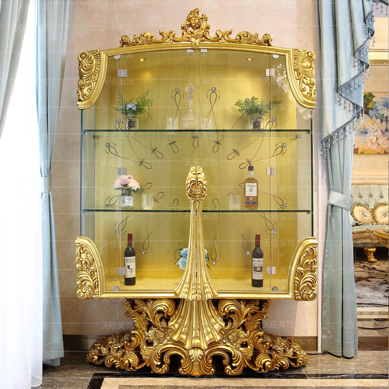欧式展示柜玻璃门双门实木雕花酒柜贴金箔客厅靠墙展示柜奢华酒柜