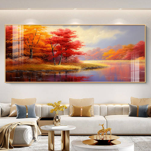 客厅挂画沙发鸿运油画背景墙装饰画瓷画晶大气风景感当头高级高档