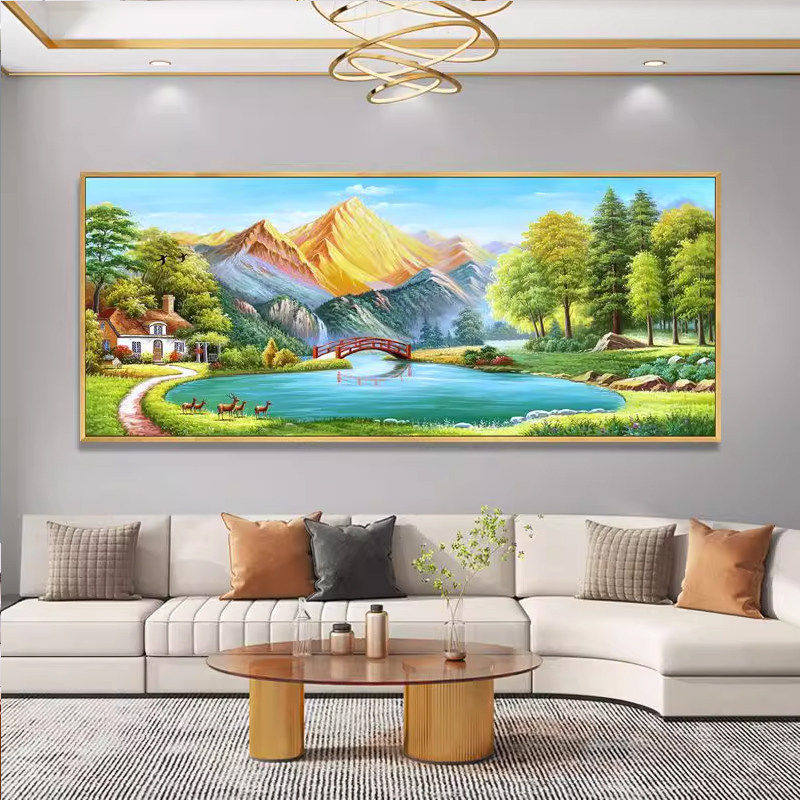 客厅壁画靠山图日照金山山水聚宝盆横版现代卧室挂画装饰风景