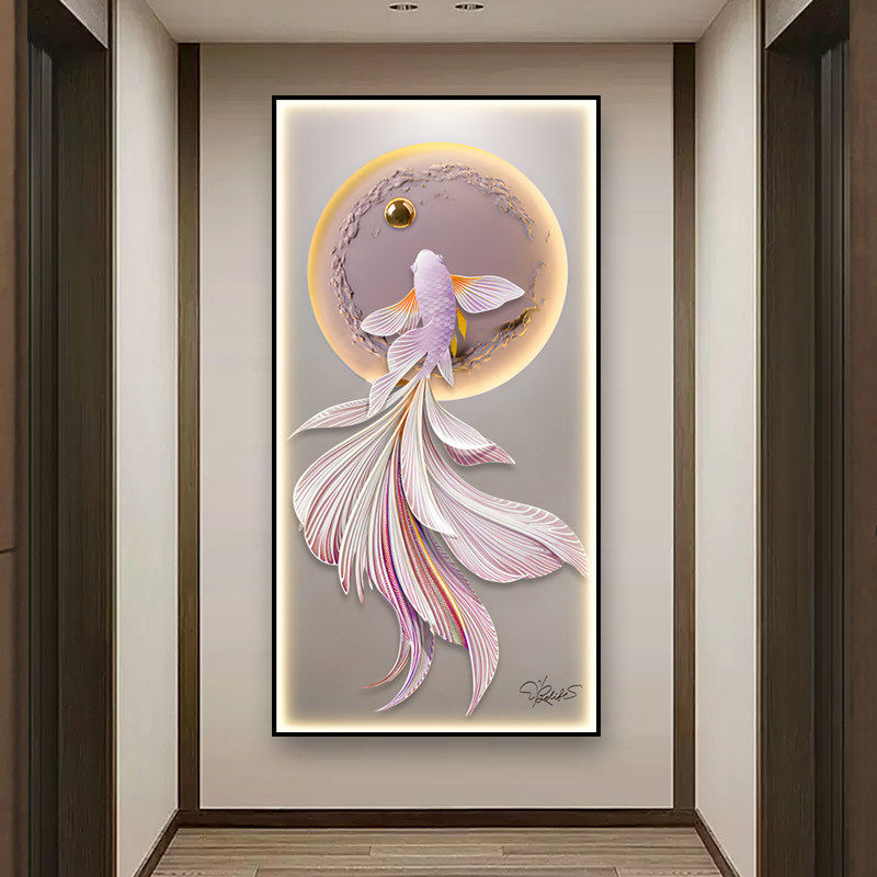 玄关装饰画轻奢入户走廊过道竖版挂画吉祥锦鲤LED灯画高档富贵鱼