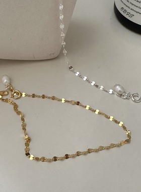 S925纯银韩版小众设计感闪光片片珍珠手链韩式风简约复古首饰品