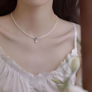 银贝s925天然海蓝宝淡水吊坠极细施家珍珠项链女爆款双层设计