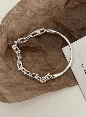 极简风s925纯银马蹄拼接重工手链小众高级感轻奢个性百搭新品