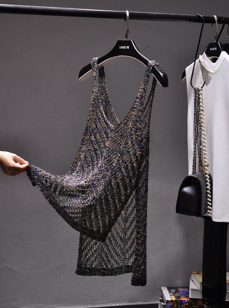 韩恩家 BINGBING闪闪低领开叉吊带背心性感镂空透视百搭无袖上衣