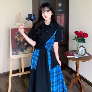 RM13685#大码女装甜酷连衣裙胖mm松紧绑带收腰不规则蓝黑格子裙设计裙子夏